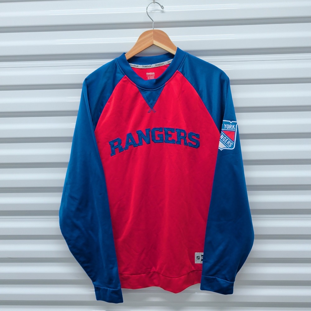 Reebok Mens NHL New York Rangers Shirt Large Polyester Red Raglan Long Sleeve